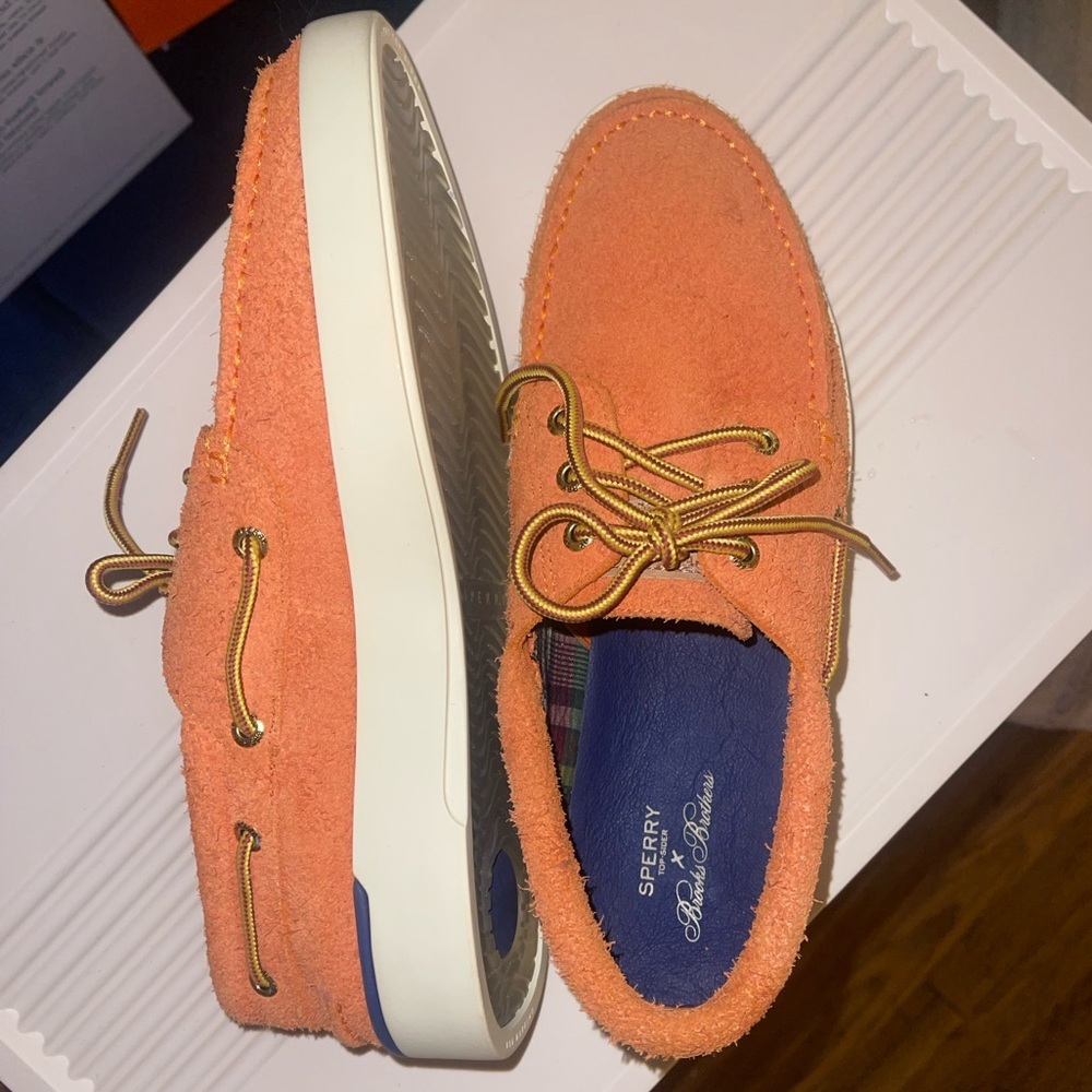 Sperry Orange Suede Moc Toe Boat Shoes with Cream Sole - Picture 2 of 5